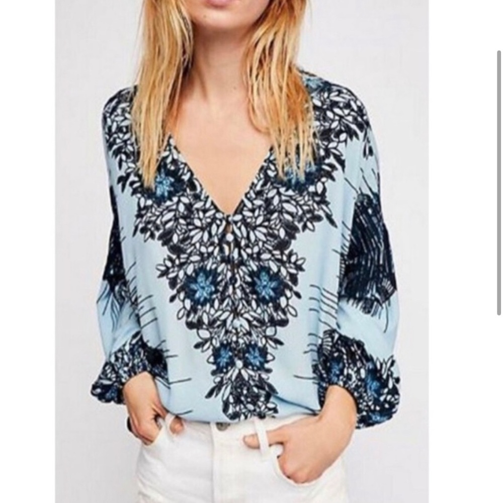 Free People Birds of a Feather Blue Floral Blouse